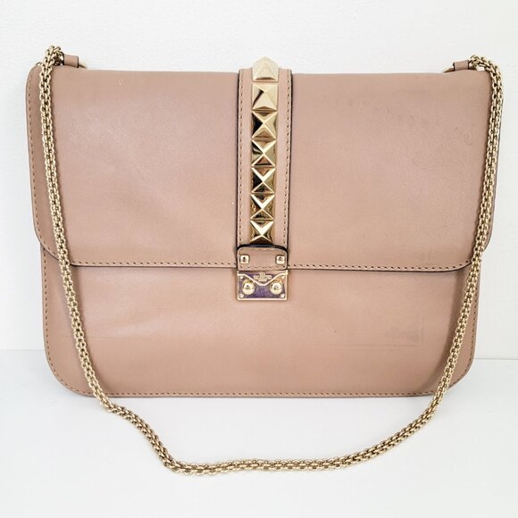 Valentino Vitello Large Glam Lock Rockstud Flap Bag Poudre - Picture 1 of 15